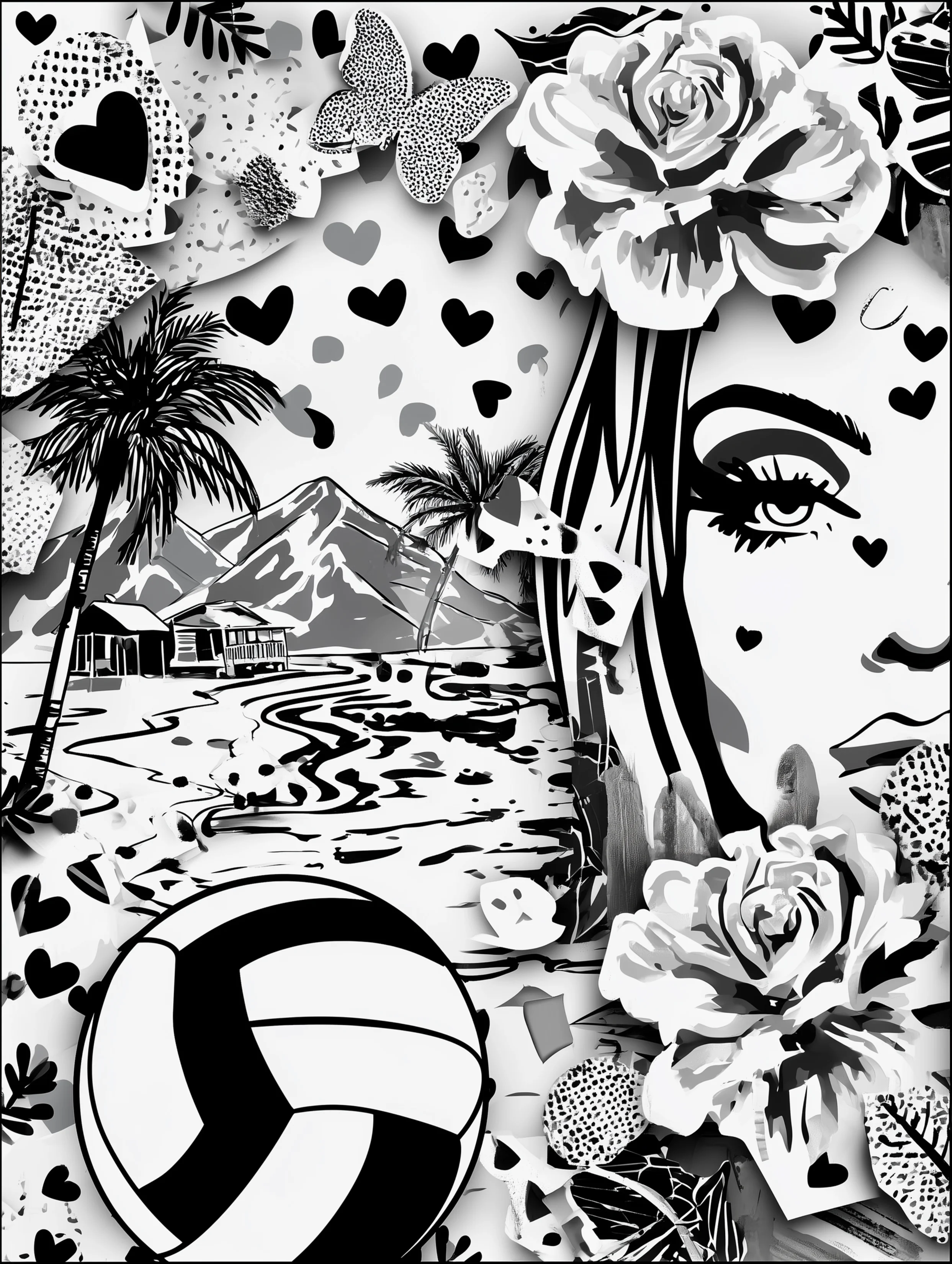 Free printable volleyball coloring page for adults featuring a heartful volleyball day